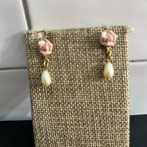 Elegant Pink Rose and Pearl Drop Earrings